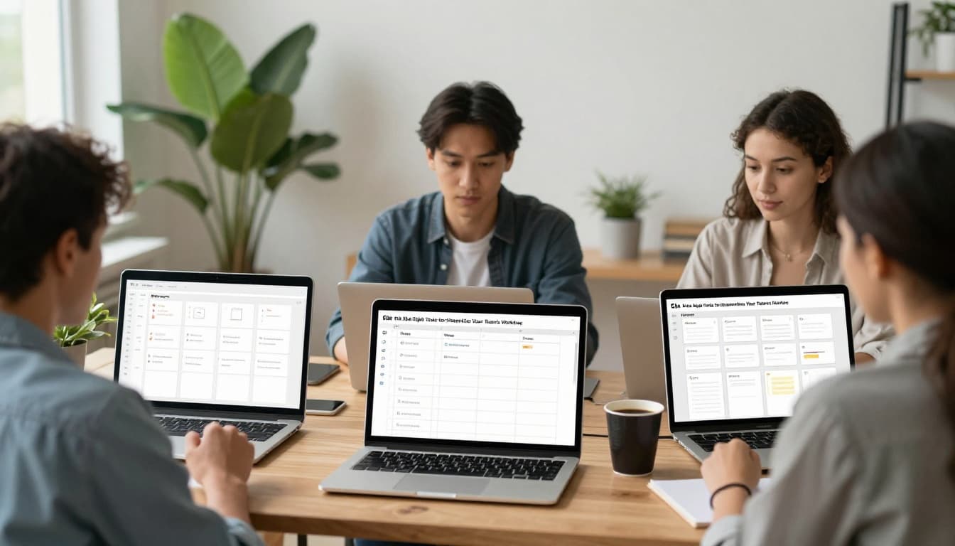 Three diverse remote workers at home desks collaborate on a shared digital Kanban board displayed on laptops, featuring To Do, In Progress, and Done columns in a realistic home office setup with plants, coffee, and natural daylight.