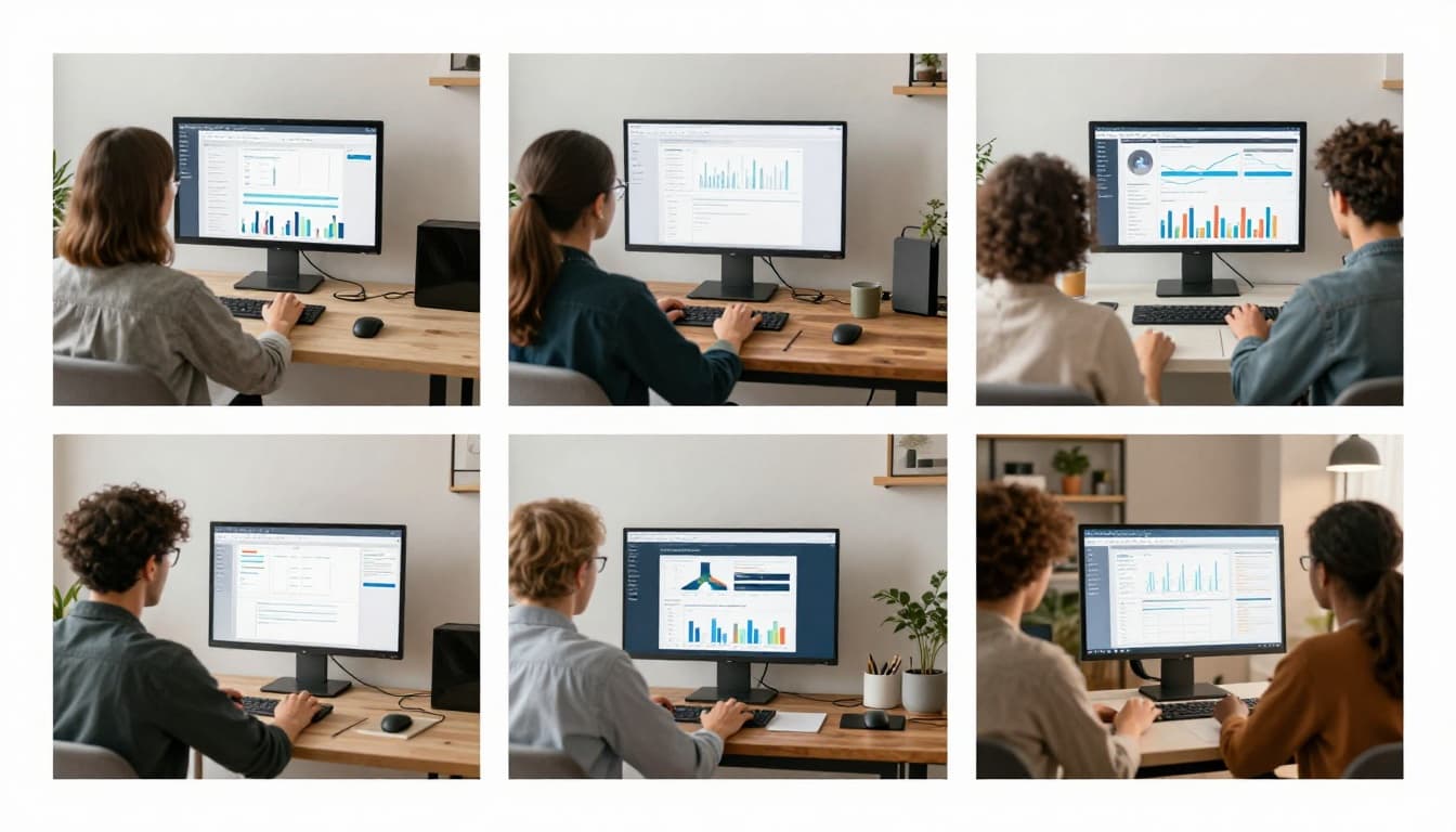 Three diverse remote workers in modern home offices view a shared project dashboard with real-time updates and charts on their laptops, presented in split-screen style under natural daylight.