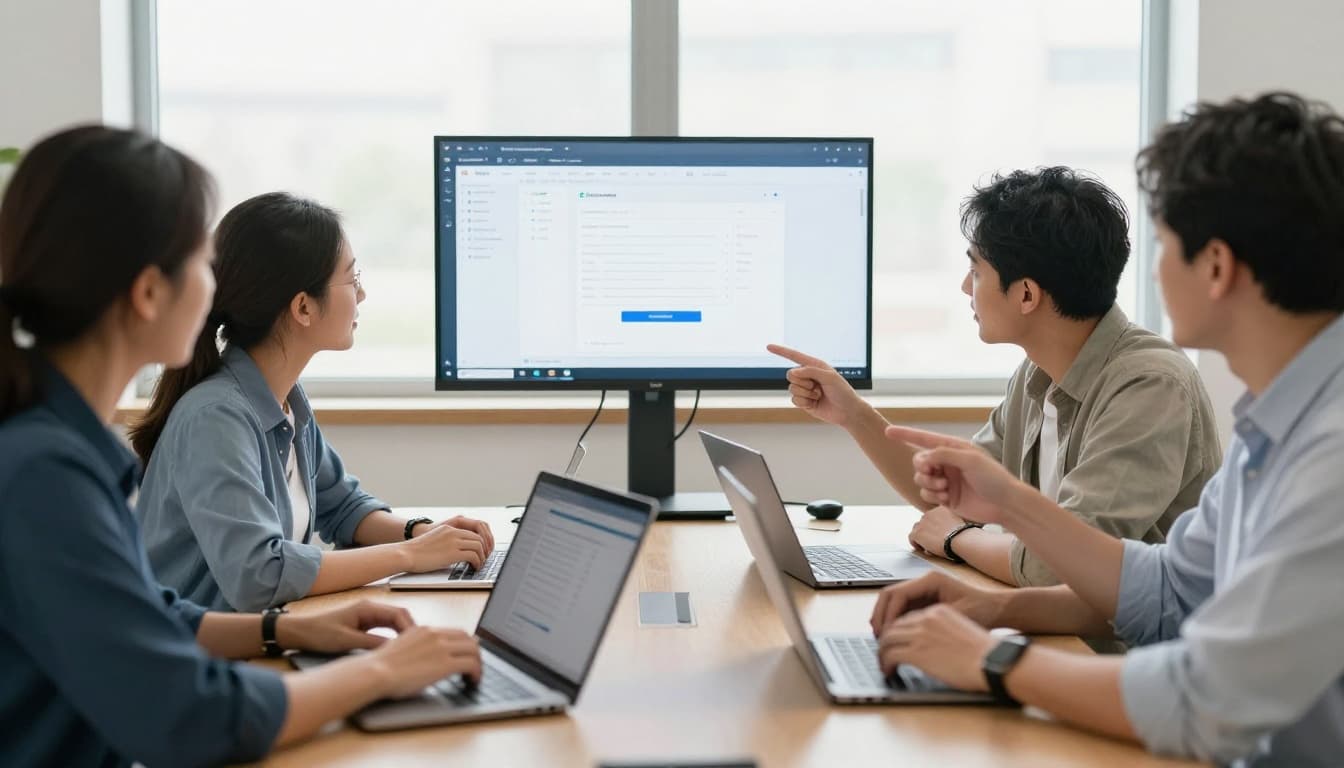 A diverse team of four professionals gathered around a table in a bright conference room, discussing collaboration tool interfaces on laptops with natural window light.