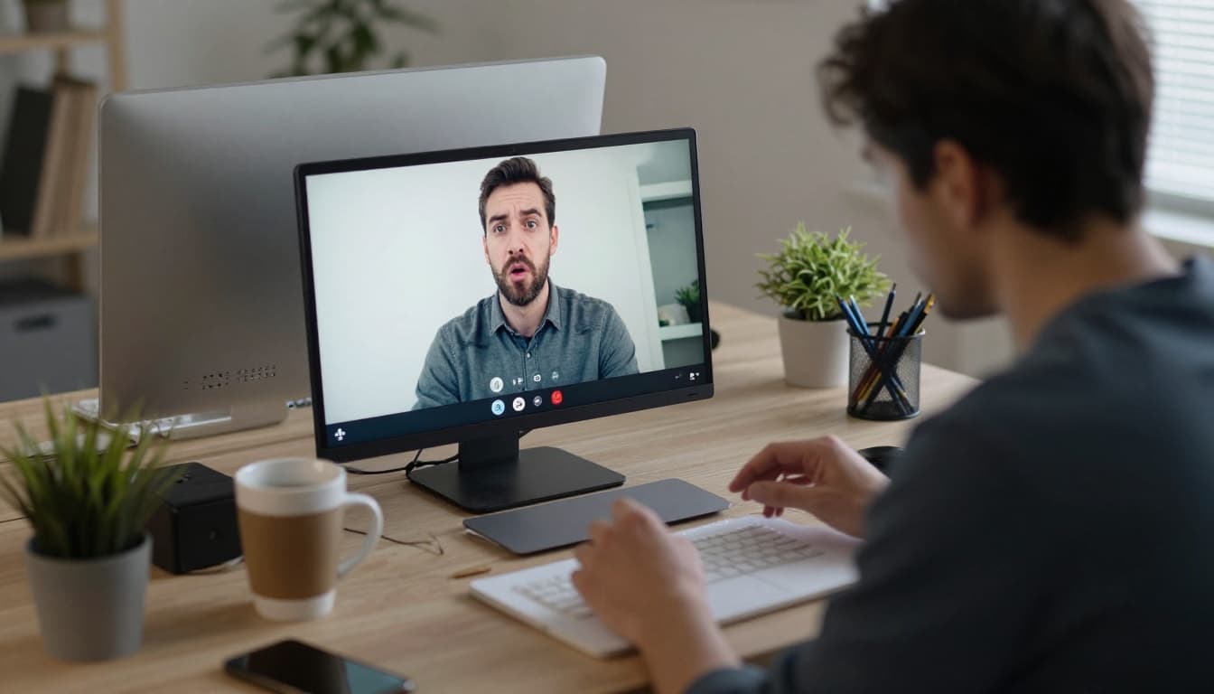 A frustrated remote worker at a cluttered desk in a dimly lit home office deals with a glitchy video call displaying frozen faces and error icons on the laptop screen.