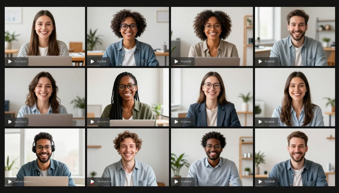 Split-screen view of four smiling diverse professionals in cozy offices discussing ideas during a virtual meeting, with subtle AI summary notes visible, in bright professional lighting and modern realistic style.