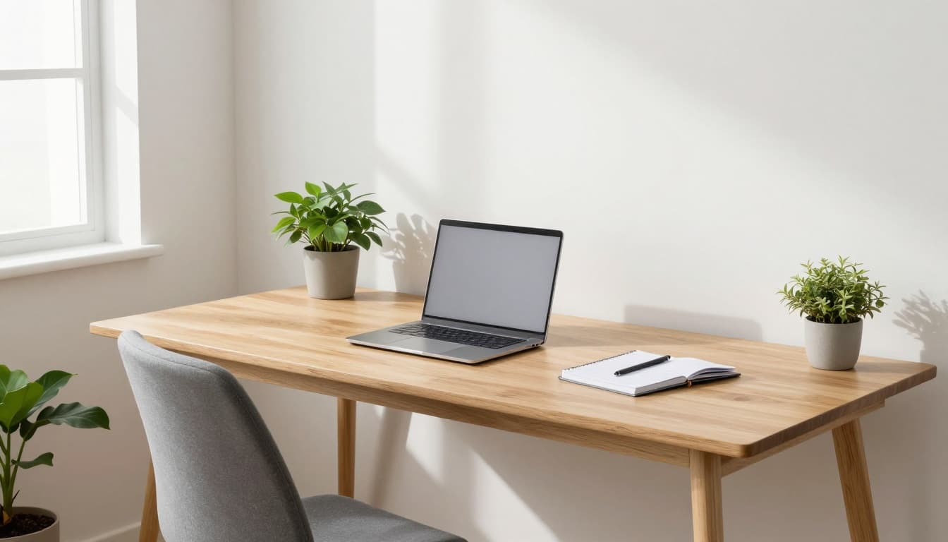 A dedicated, organized home workspace with a wooden desk, closed laptop, ergonomic chair, potted plants, planner notebook, and large window providing natural daylight, designed for focused remote work without any person present.