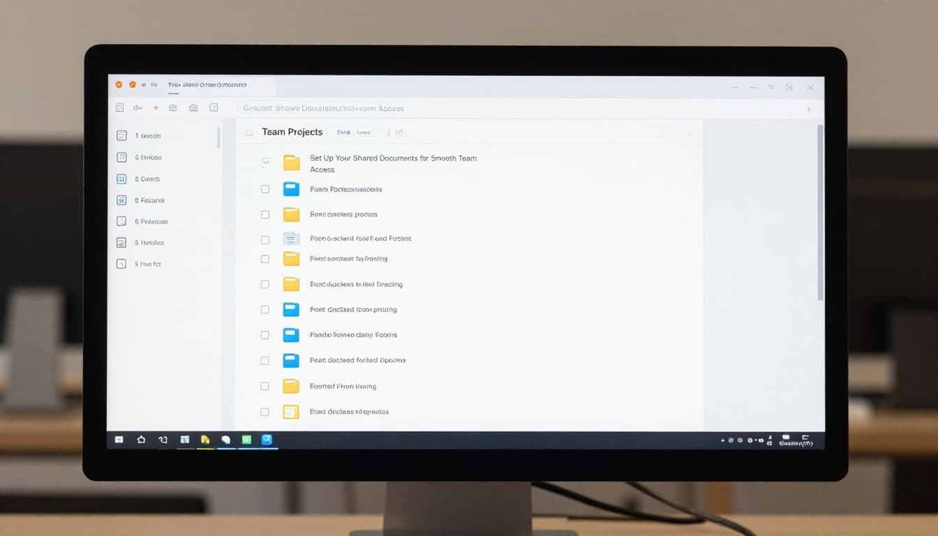 Computer screen on a desk displaying a clean file explorer with organized project folders nested inside a main team projects folder, featuring colorful icons under soft office lighting in a realistic angled screenshot style.