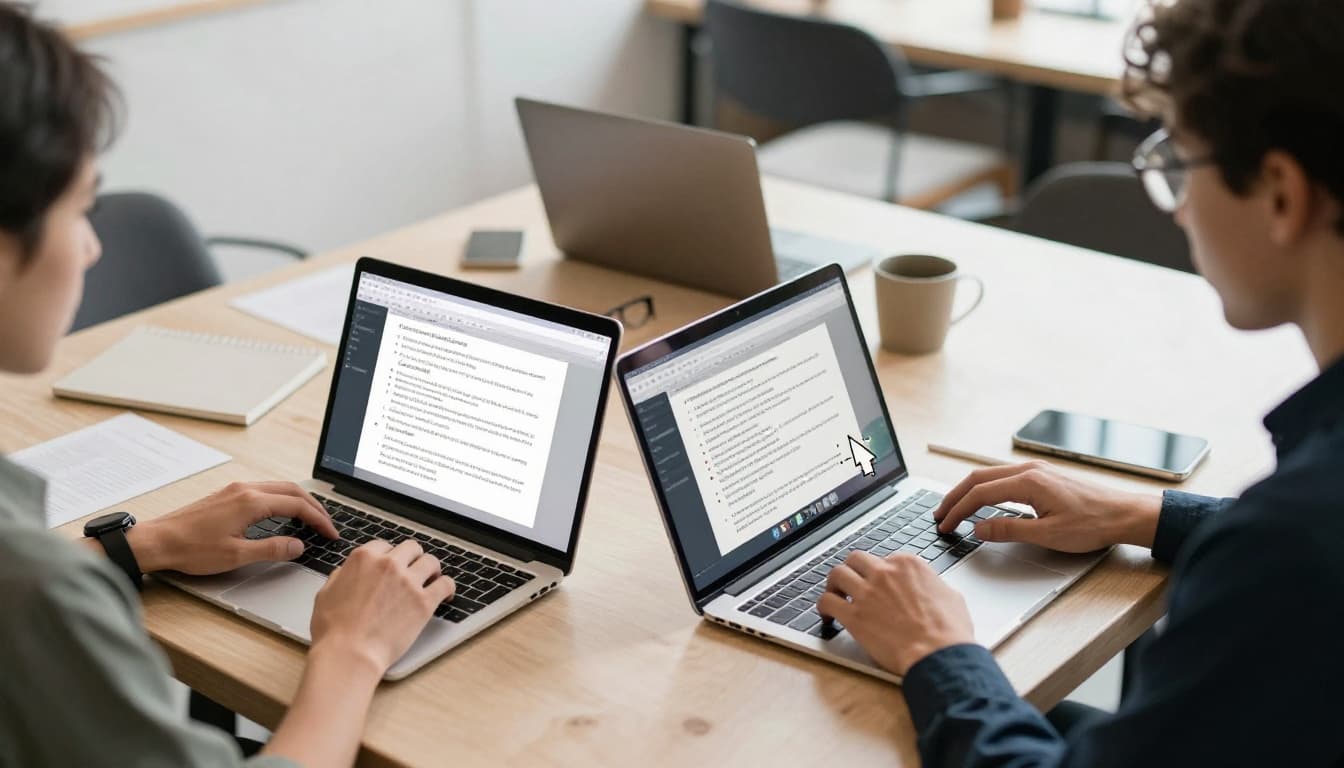 Two focused individuals in an office and a cafe collaboratively edit a shared document on laptops, with subtle real-time cursor highlights in a modern flat design illustration featuring bright workspaces and natural light.