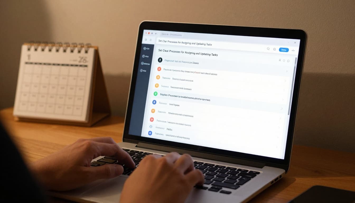 A remote team member in a cozy home office updates task status on a laptop screen showing a simple sprint board with priorities during an async standup. Warm afternoon light illuminates the relaxed scene with a calendar nearby.