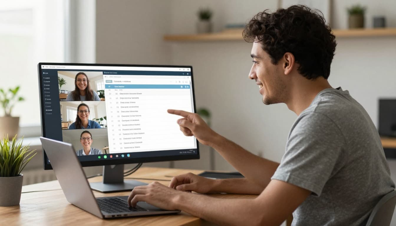 A smiling remote worker engages in a daily stand-up meeting via laptop video call, sharing a blurred task list screen in a casual home office with natural light.