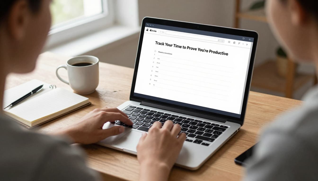 Person working remotely at a clean home desk with laptop showing a simple time tracker timer running, notebook with checklist nearby, coffee cup, natural window light, focused pose with hands on keyboard relaxed, exactly one person, modern realistic style, soft warm lighting, no screen text visible, no extra objects or people, no logos.