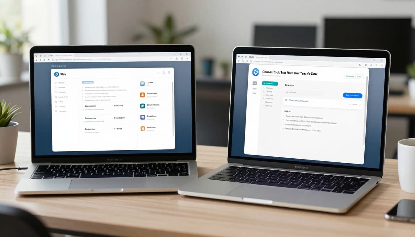 Two laptops side by side on a shared desk displaying blurred Slack and Microsoft Teams dashboards, with a coffee mug nearby in a clean modern office under soft natural lighting.