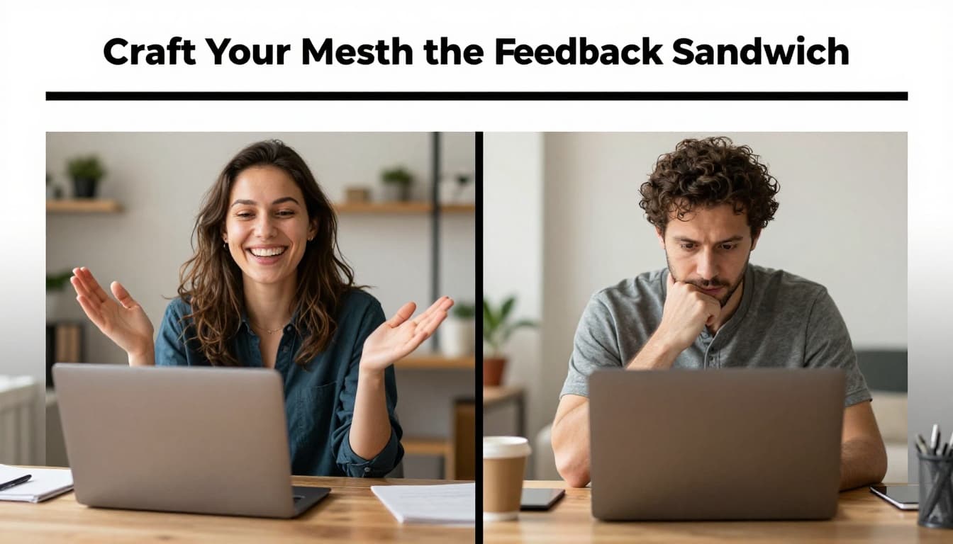 Two diverse professionals in a split-screen video call interface: one smiling and gesturing positively with open palms in a home office, the other nodding attentively, each with a laptop on a desk, blurred backgrounds, warm natural lighting, realistic style.