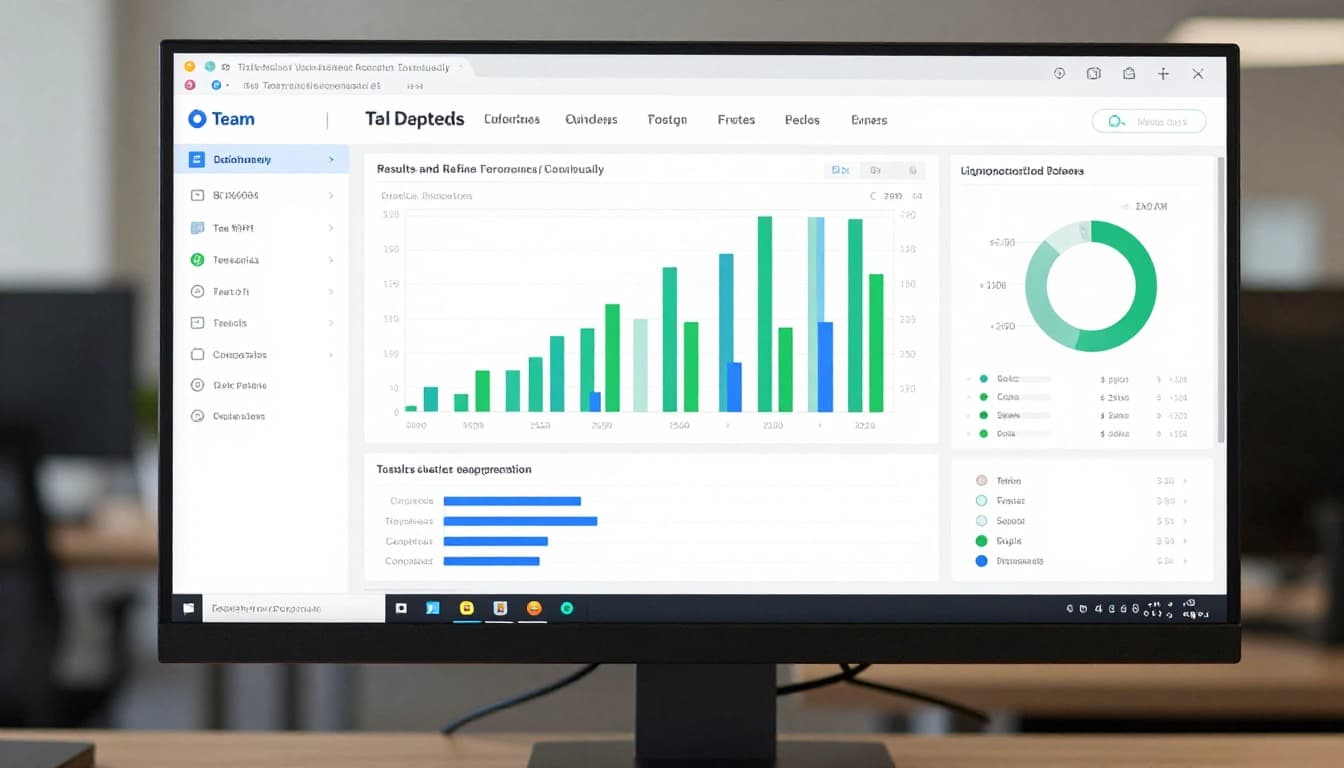 Modern team dashboard on large office monitor displays charts showing task completion rates and feedback metrics in green and blue tones with soft professional lighting, realistic focus on data visuals without text, people, or logos.